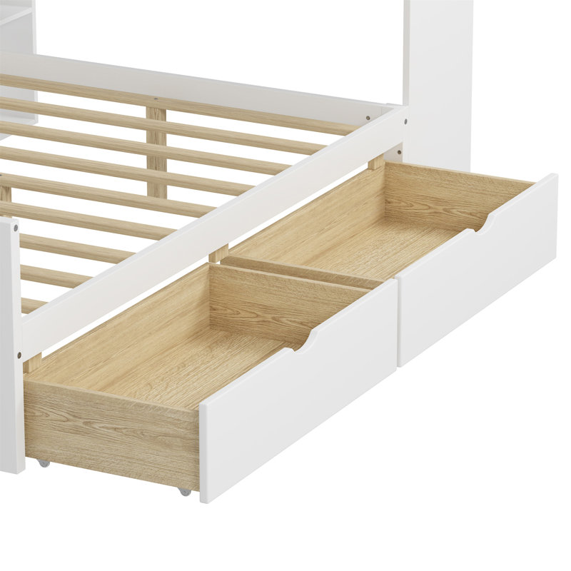Lit de jour en L en bois avec sept armoires de rangement et deux tiroirs de rangement, lit multifonctionnel avec bureau d'étude et bibliothèque intégrée