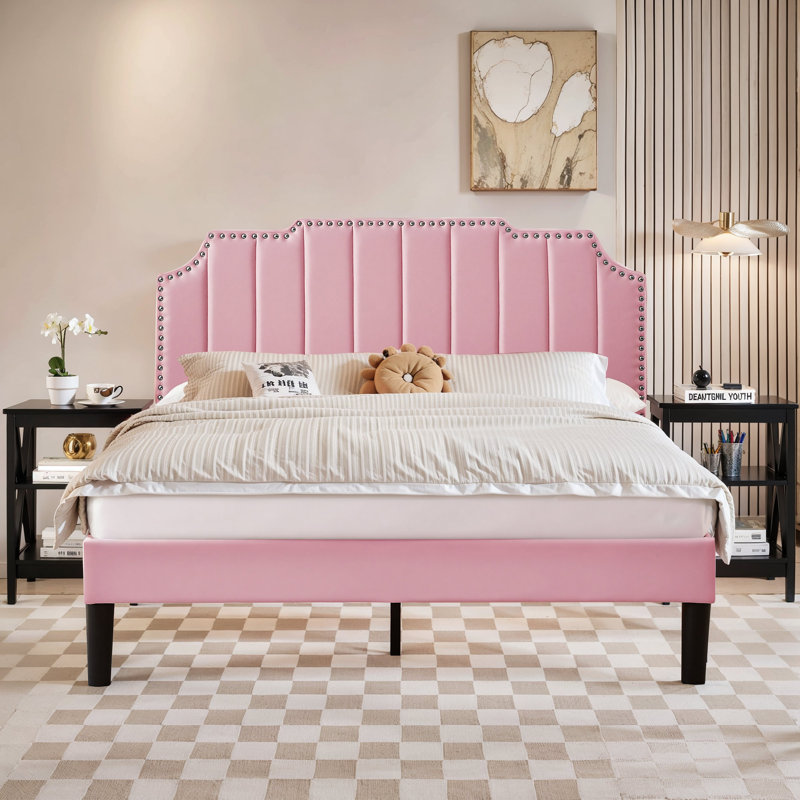 Grand lit tapissier avec 2 tables de chevet - Ensemble de chambre à coucher moderne, Noir, Grand lit