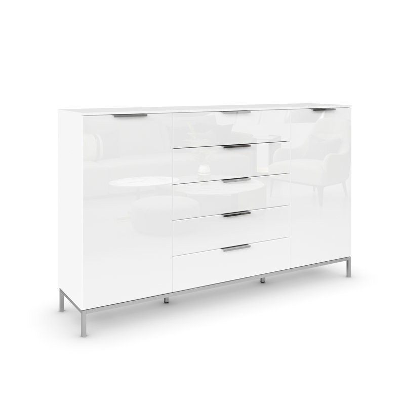 5 - Drawer Chest of Drawers, Alpine White/White Glass/Chrome