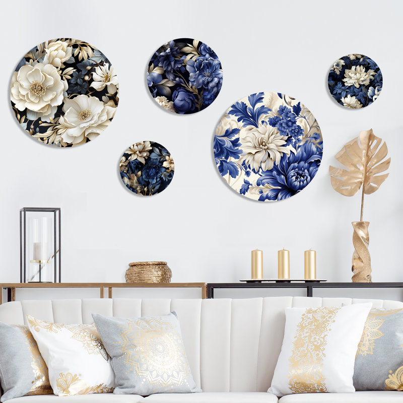 Elegant Blue and White Floral Metal Wall Art Set of 5