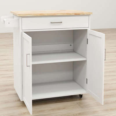 White Kitchen Island With Adjustable Shelves, Solid Rubber Wood Top & Stability Multi-Functional Trolley, Stable Construction, Drawer, Double Doors, Countertop