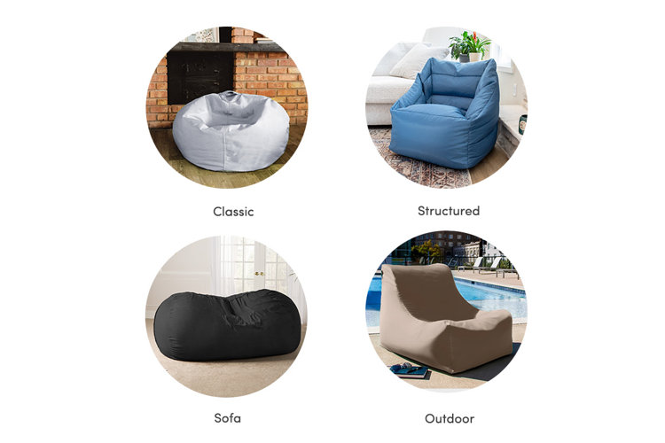 collage depicting the four types of bean bag chairs including classic, structured, sofa, and outdoor