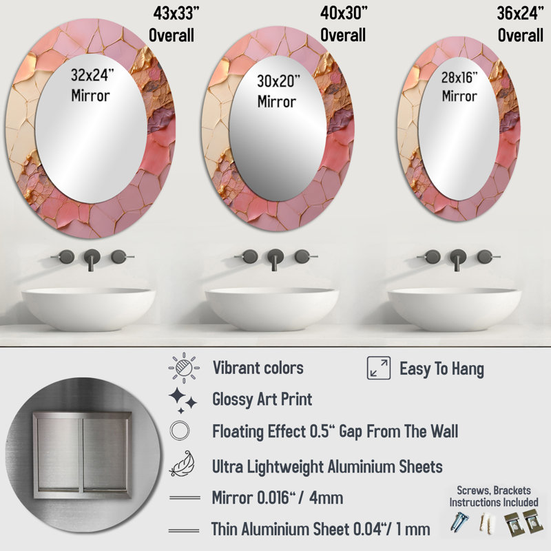 Pink Gold Minimalisme Poteries - Miroir mural ovale moderne rose, 36 po x 24 po