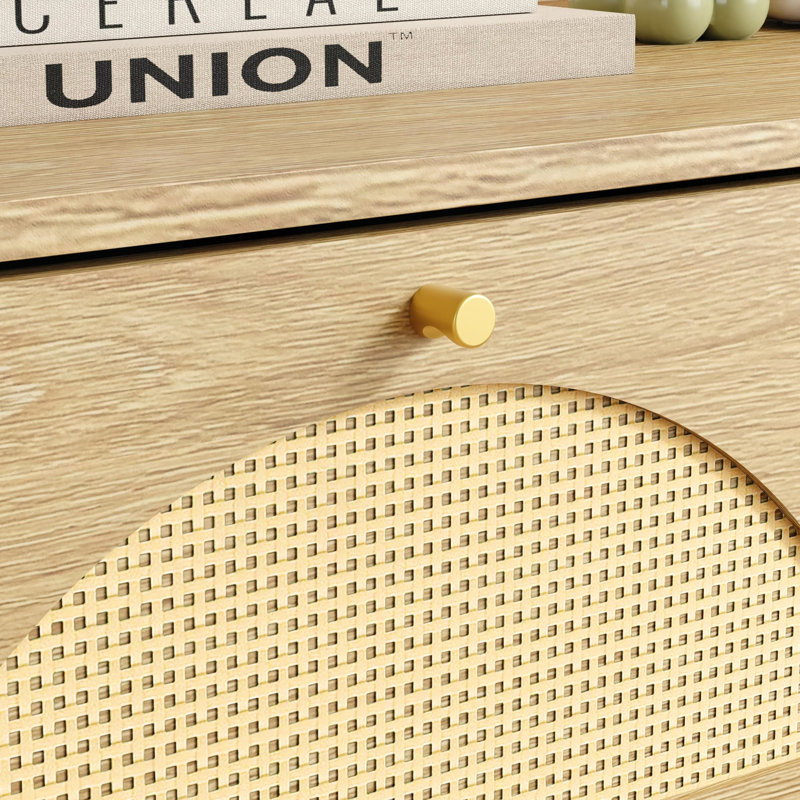 Commode 9 tiroirs avec façade en rotin bohème et finition naturelle, Walnut