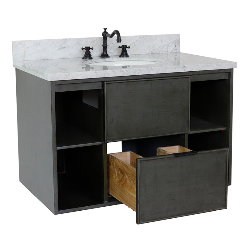 Meuble-lavabo mural simple 37 po, Marbre de Carrare blanc