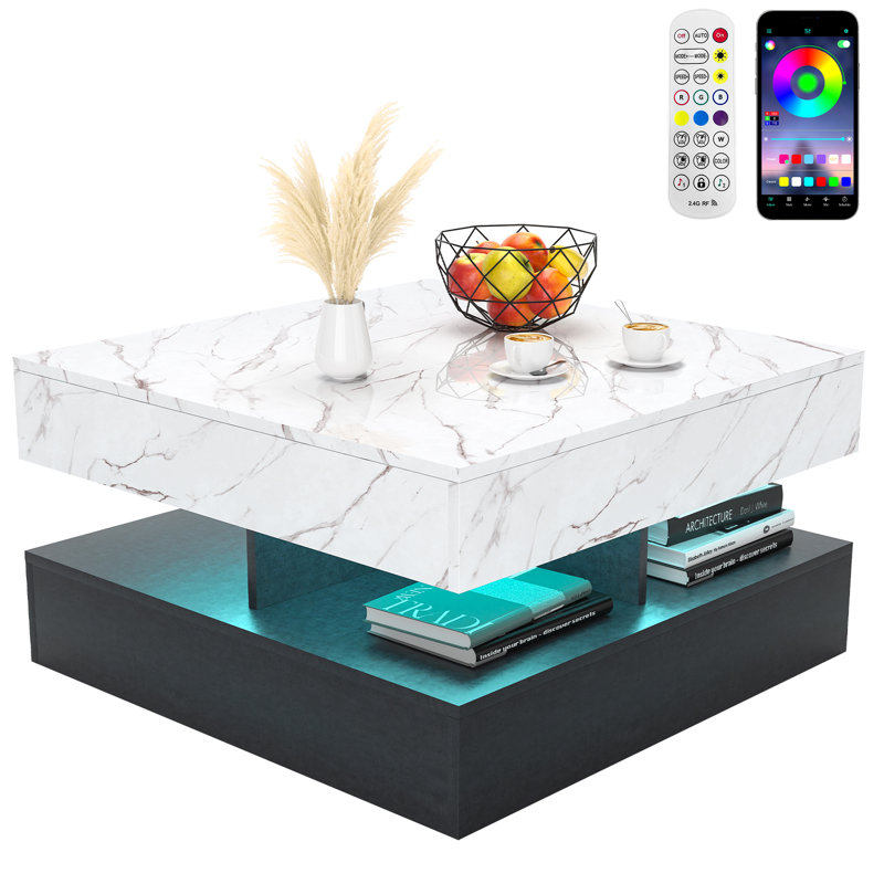 Square LED Coffee Table for Living Room, 2-Tier Centre Table with Plug-in LED Light