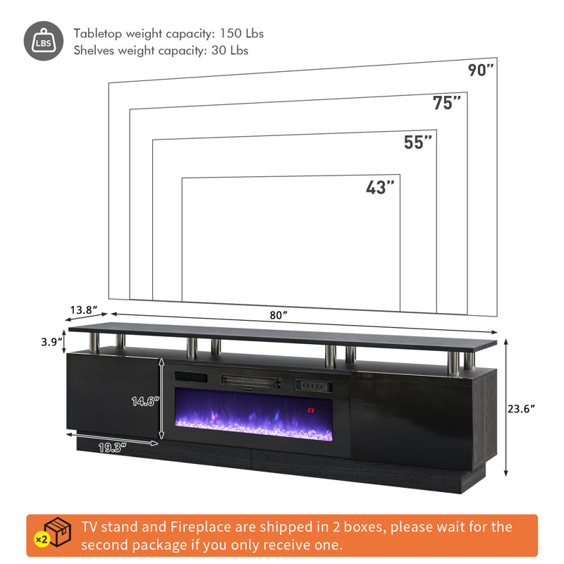 Meuble télé l 80 po avec foyer électrique et lumières DEL Keyle , Noir, 23.6” H x 80” L x 13.8” W