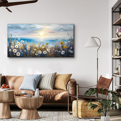 Bord de mer marguerite, art mural, paysage de coucher de soleil au bord de la mer, plage, fleurs sauvages, impressions rustiques sur toile, peintures bleu marine, décoration murale, salon, chambre à coucher, cuisine, 20 x 40 po