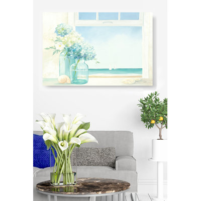 Bord de mer, hortensias, floral, fleurs, vases, pot, bleu sarcelle, bleu, blanc, doux, paisible, bord de mer, bord de mer, brun clair