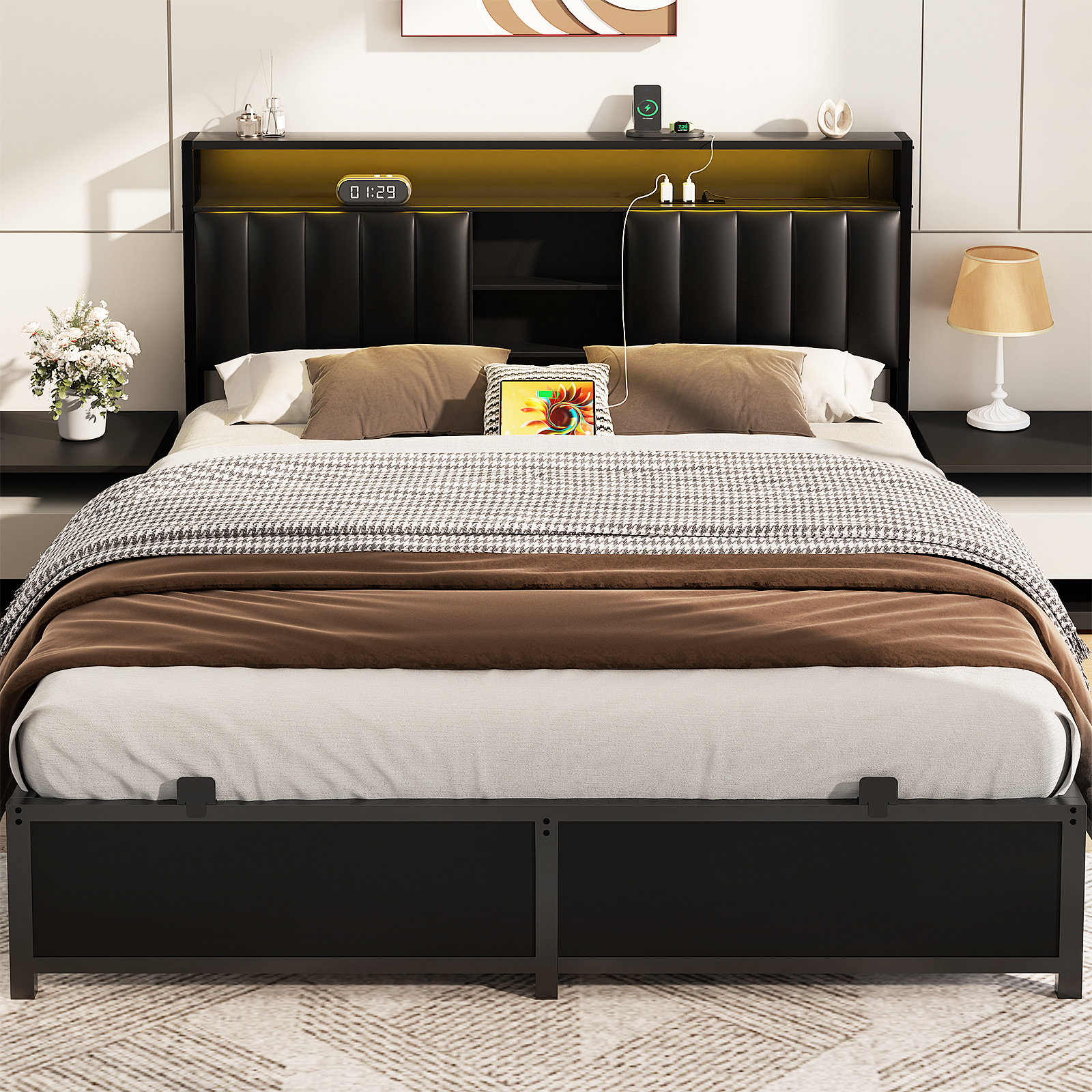 Wrought Studio Kaizyn Upholstered PU Bed Frame with Lighted Headboard ...