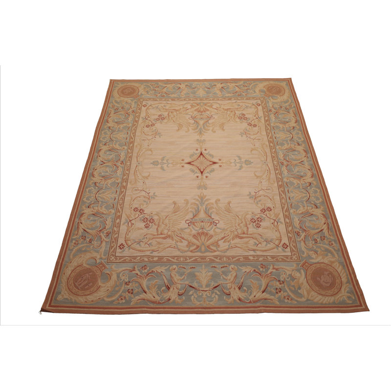 Tapis beige en laine tissé à la main 7 pi 6 po x 9 pi 6 po