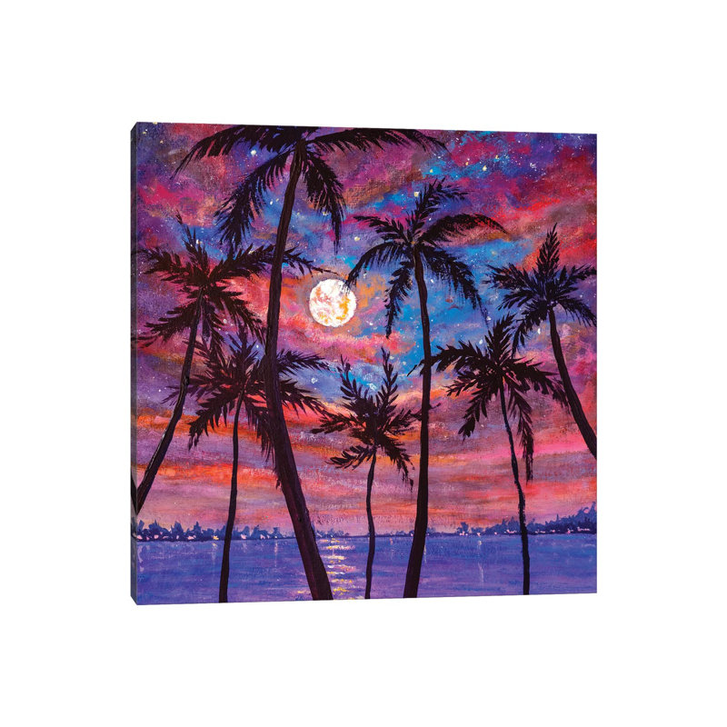 Beautiful Relaxing Landscape: Palm Trees, Pink Purple Sunset Over Sea And Large Moon by Valery Rybakow - Painting on Canvas