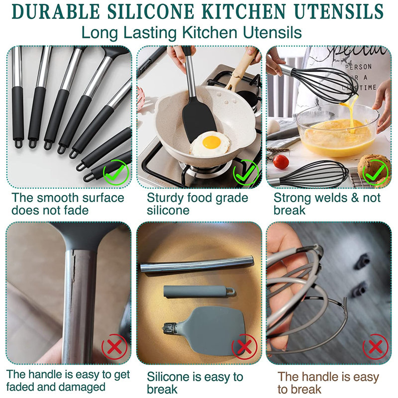 Ensemble de 15 ustensiles de cuisine en silicone, acier inoxydable, résistant à la chaleur antiadhésif, gris