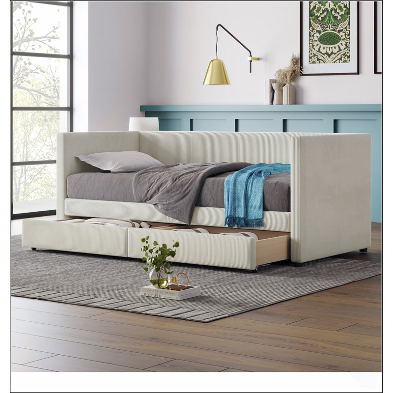 Banquette-lit en velours côtelé avec deux tiroirs et sommier à lattes en bois, idéal pour les chambres d'amis et le rangement supplémentaire.