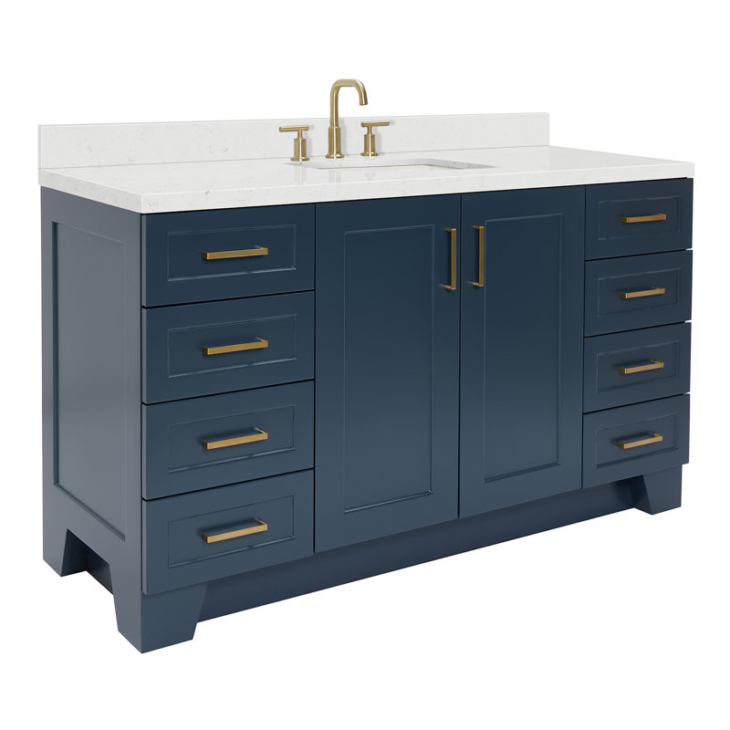 61 IN.  Single Bathroom Vanity, Midnight Blue, Rectangle, Carrara Quartz