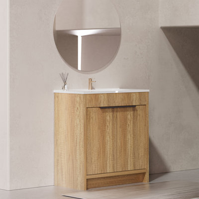 30" Freestanding Single Bathroom Vanity Set With Integrated Ceramic Sink And Soft-Close Doors In Natural Oak