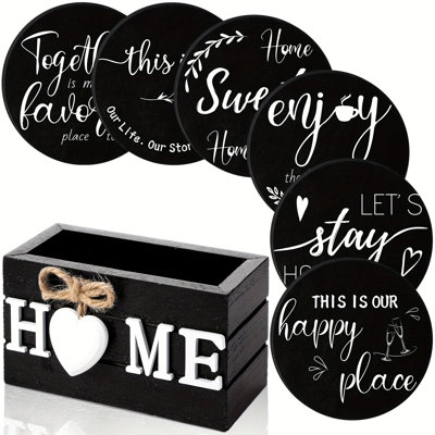 6Pc Black Wooden Heart Coasters With Holder