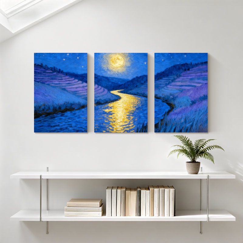 Abstrait rivière au clair de lune à travers les Collines mauves, ensemble de 3 impressions sur toile, H 18 po x l 36 po