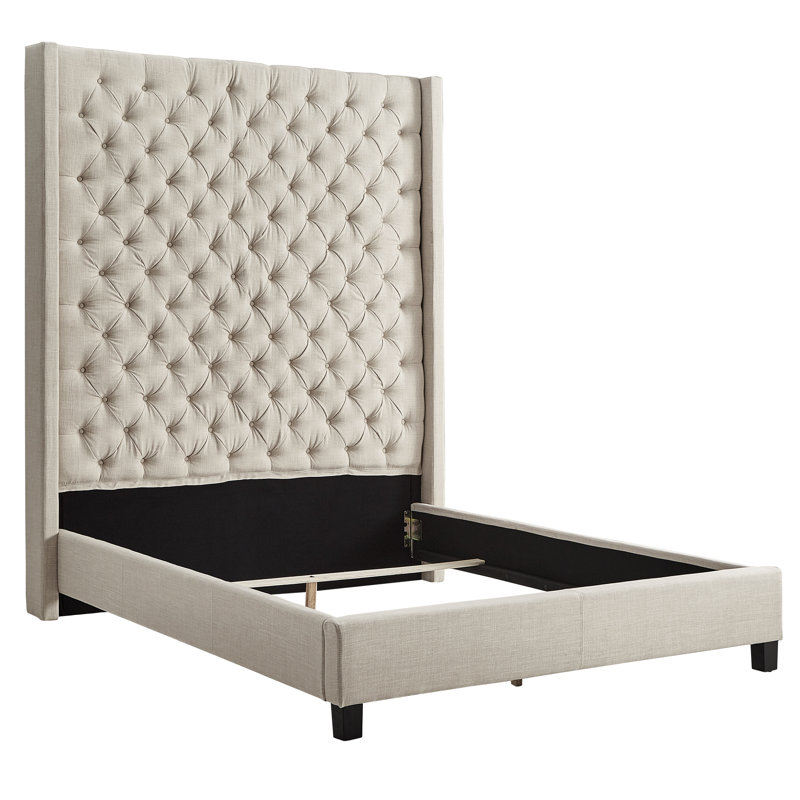 Lit plateforme tapissier Londono, Lin beige chiné, Grand