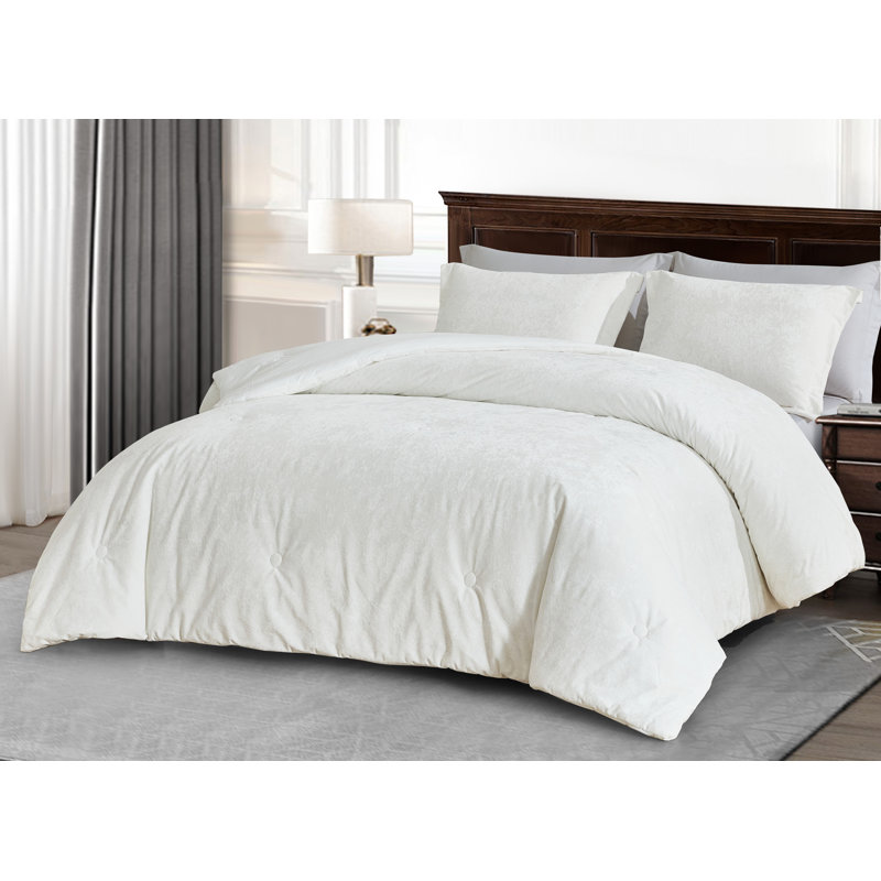Lux Distressed Velvet Reversible Comforter Set, King Comforter + 2 King Shams, Cream White