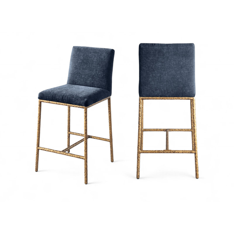 Reeves Chenille Fabric Upholstered Counter Stool, Brushed Gold, Navy Chenille Fabric