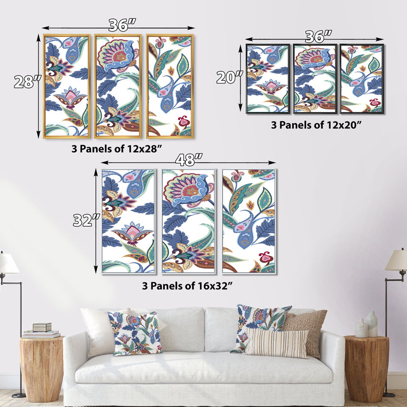 «Fantasy Flowers Paisley» - Ensemble de 3 reproductions sur toile flottantes, H 20 po x l 36 po x P 1 po, Cadre noir