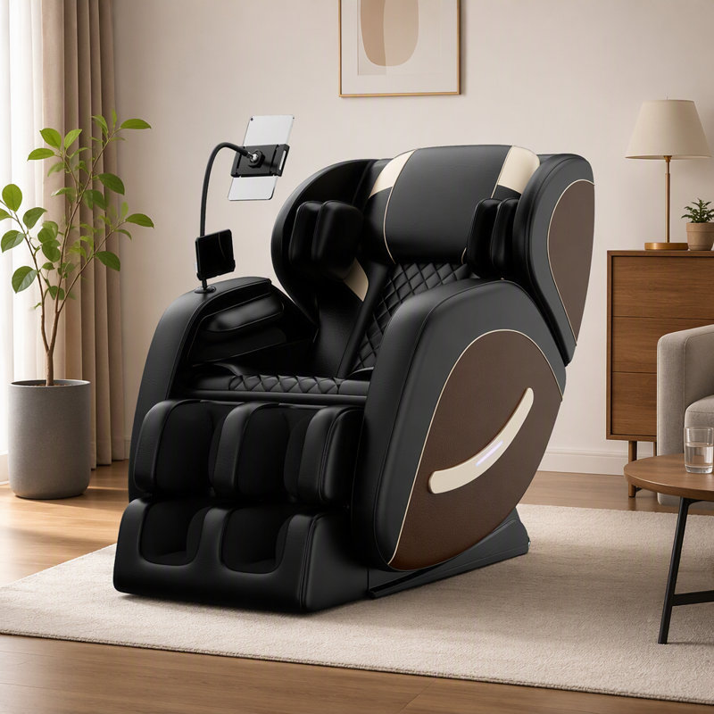 Fauteuil de massage inclinable de 28,53 po de largeur, finition noire, système de pression d'air complet en similicuir, Black