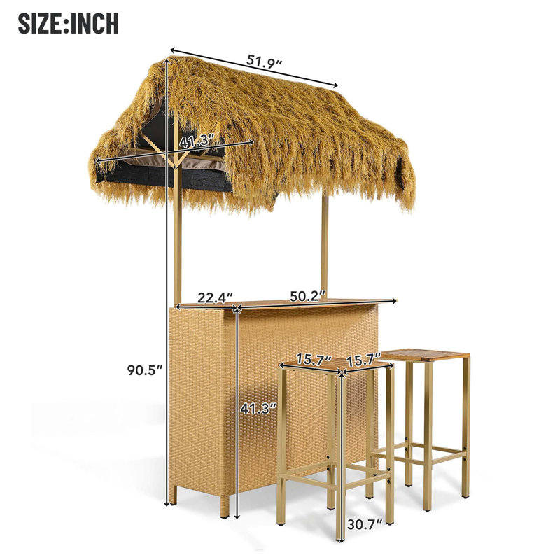 Hawaiian-Style Bar Height Patio Set With PE Grass Canopy, Outdoor Bar Table And Stools With Adjustable Feet, Acacia Wood Top, For Dining And Drinking