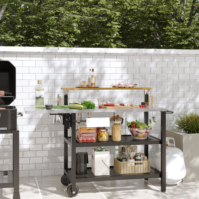 Outdoor Grill Table, Folding Moveable Outdoor Prep Table & Portable Grill Gart For Storage