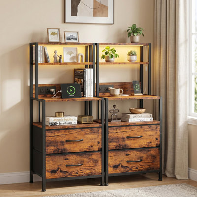 Ensemble de 2 tables de chevet à DEL, de grandes tables de chevet avec 2 tiroirs et 3 tablettes ouvertes chacune, 2 prises et 2 ports USB, tube de lumière 3 couleurs