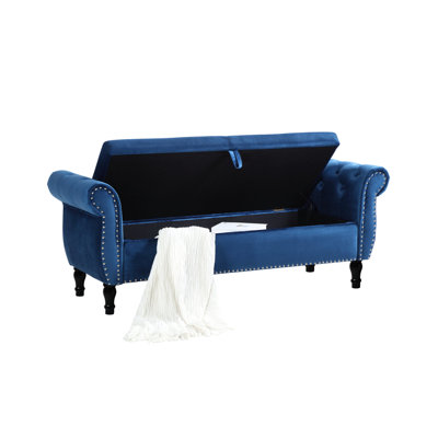 Banc rectangulaire en velours bleu avec rangement - Confortable pour la chambre à coucher, couloir, espace de rangement spacieux et polyvalent de 63 po, divers articles