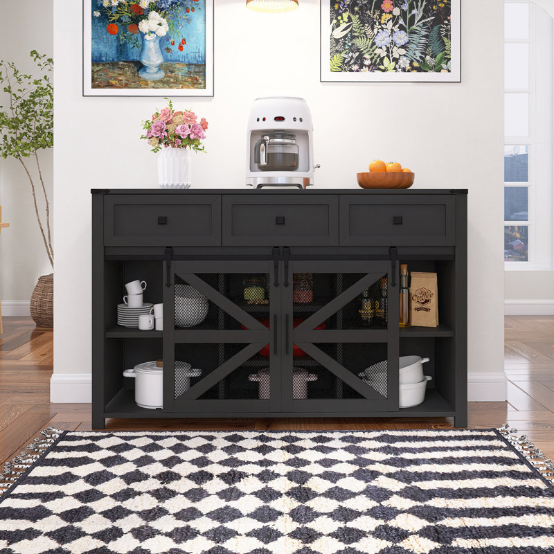 55'' Sliding Barn Door Sideboard Buffet Cabinet With 3 Drawers, Adjustable Shelves, Metal Mesh & Particleboard Doors, Aluminum Handles,Black