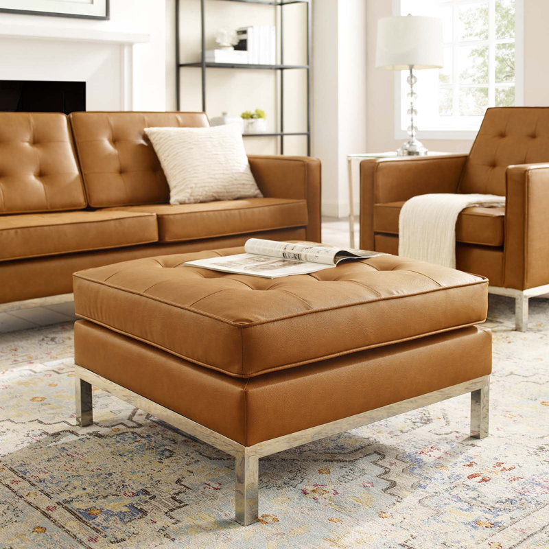 Loft Tufted Vegan Leather Ottoman, Tan Faux Leather