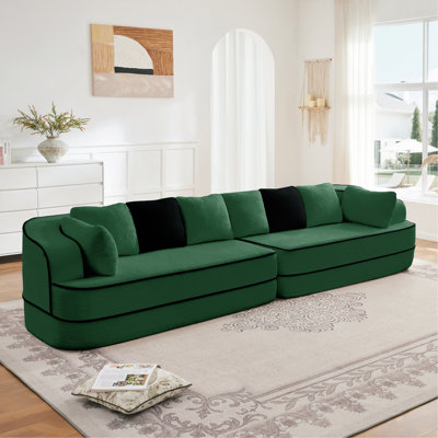 135" 4-Seat Teddy Fabric No Assembly 32D High Density Sponge Boneless Sofa Fluffy Comfy Couch,Oversize Sofa,Contrast Color Design,Symmetrical Aesthetics,For Living Room,Green