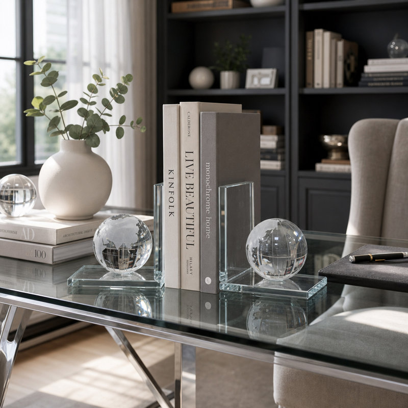 Serre-livres décoratifs orbes en verre décoratifs pour la maison - Serre-livres modernes parfaits pour les tablettes, les bureaux ou les étagères - ensemble de 2 transparents