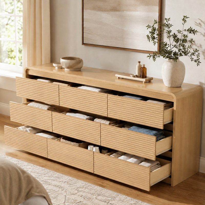 Commode 8 tiroirs pour chambre à coucher, commode 55,12 po avec station de charge, longue commode en bois naturel avec design cannelé et profil incurvé pour chambre à coucher, salon
