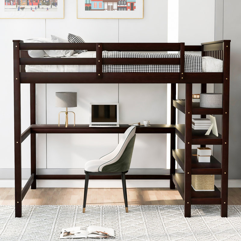 Lit mezzanine avec tablettes de rangement, Lit double, Espresso