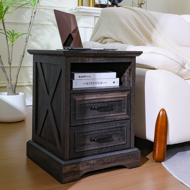 Table d'appoint de ferme rustique espresso 18 po avec station de charge, Brun