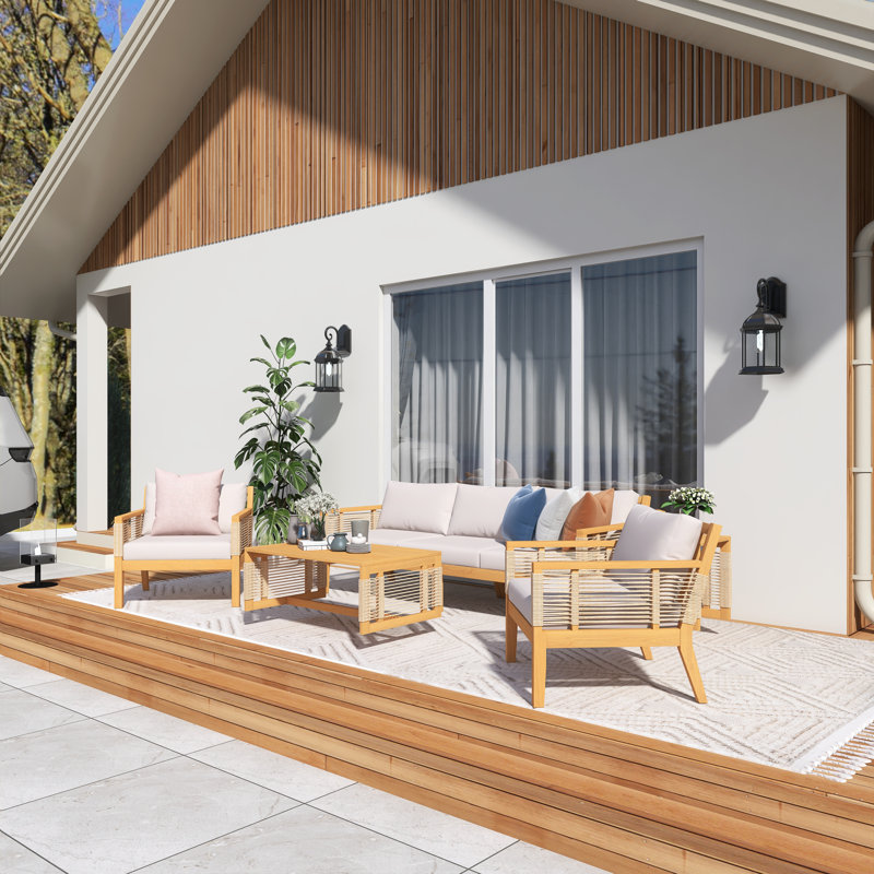 Ensemble de canapé de patio 5 pièces en bois d'acacia de style teck avec coussins beiges, ensemble de conversation en corde tissée à la main avec chaises, table d'appoint et table basse pour le jardin, la cour arrière, la piscine