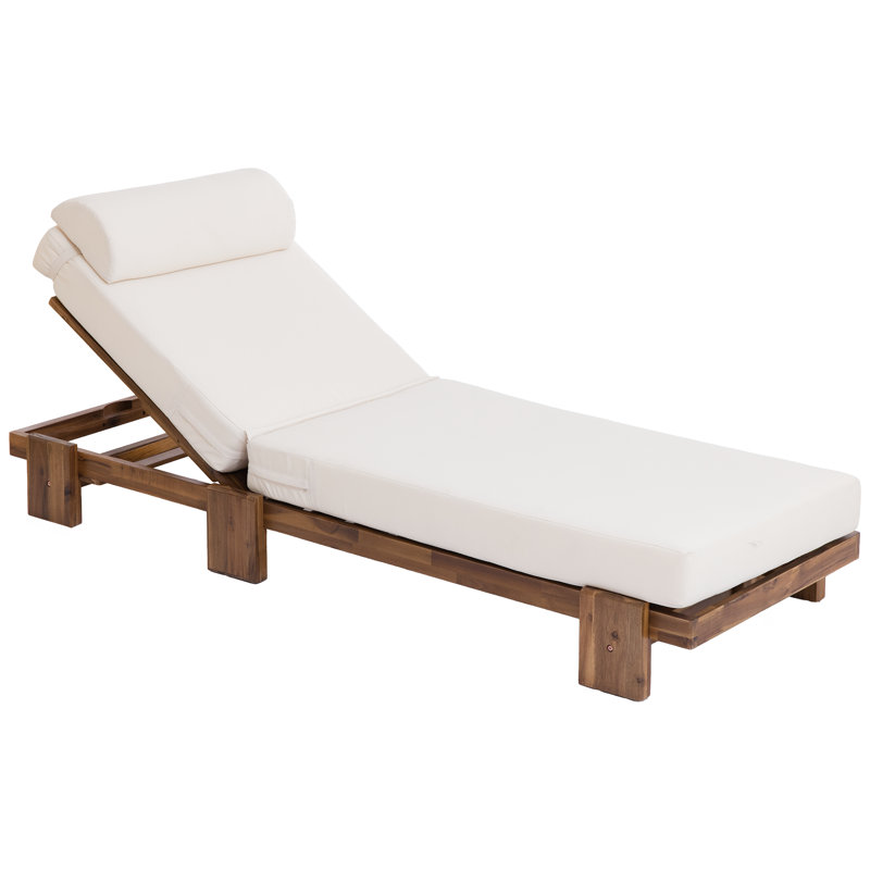 78.8'' Outdoor Patio Chaise Lounge Chair, Acacia Wood Adjustable Recliner with Headrest and Retractable Side Tray, Beige