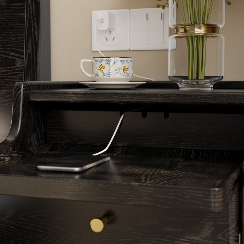 Narrow Solid Wood Nightstand with 2 Drawers, Black, 11.81"W