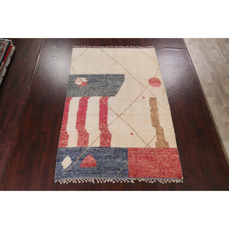 Tapis ivoire en laine noué à la main de conception unique 6 pi 10 po x 10 pi 6 po Moroccan