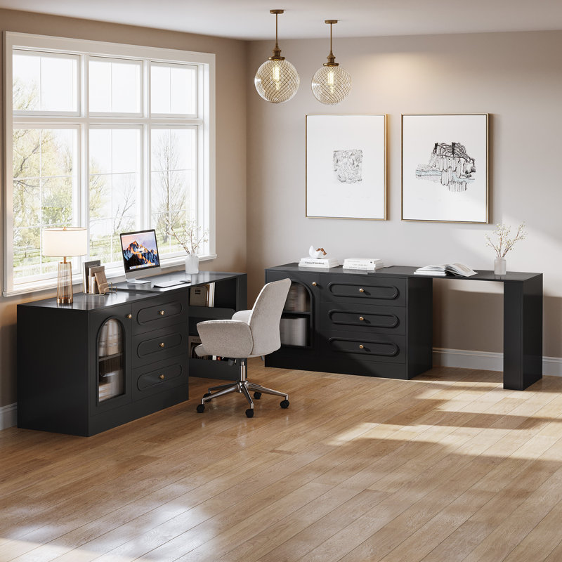 Bureau d'ordinateur 78 po blanc moderne réversible avec tiroirs et armoire de rangement, Noir
