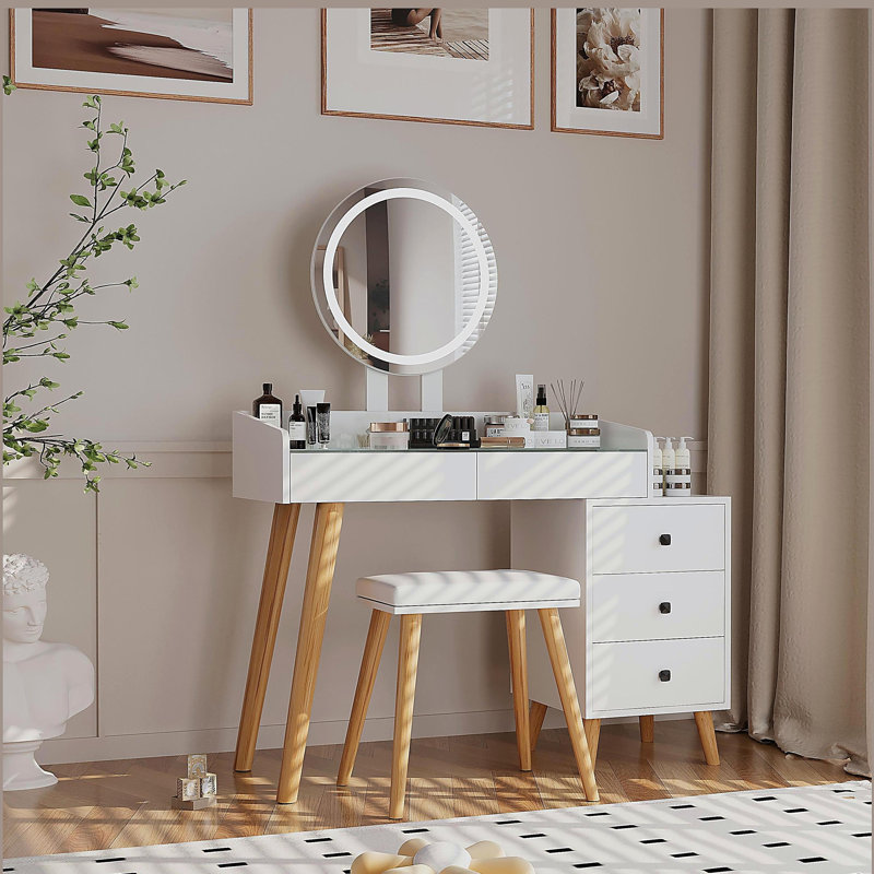 Dressing Table with LED Lights Glass Top Dressing Table with Extendable Side Table 5 Drawers Dressing Table with Mirror and Stool for Bedroom