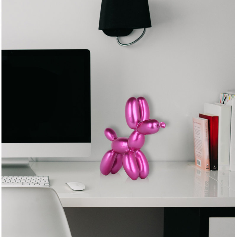 Dog Balloon Large Resin Statue, 27cm H x 26cm W x 9.5cm D, Pink