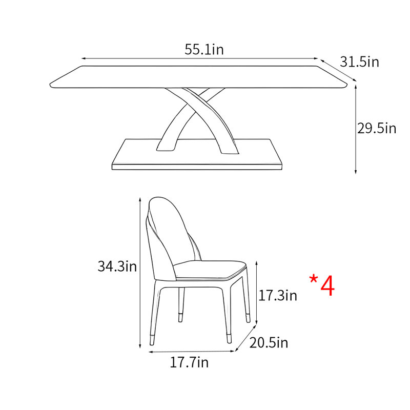 Luxury modern rectangular dining table sets, 29.5"H x 55.1"L x 31.5"W