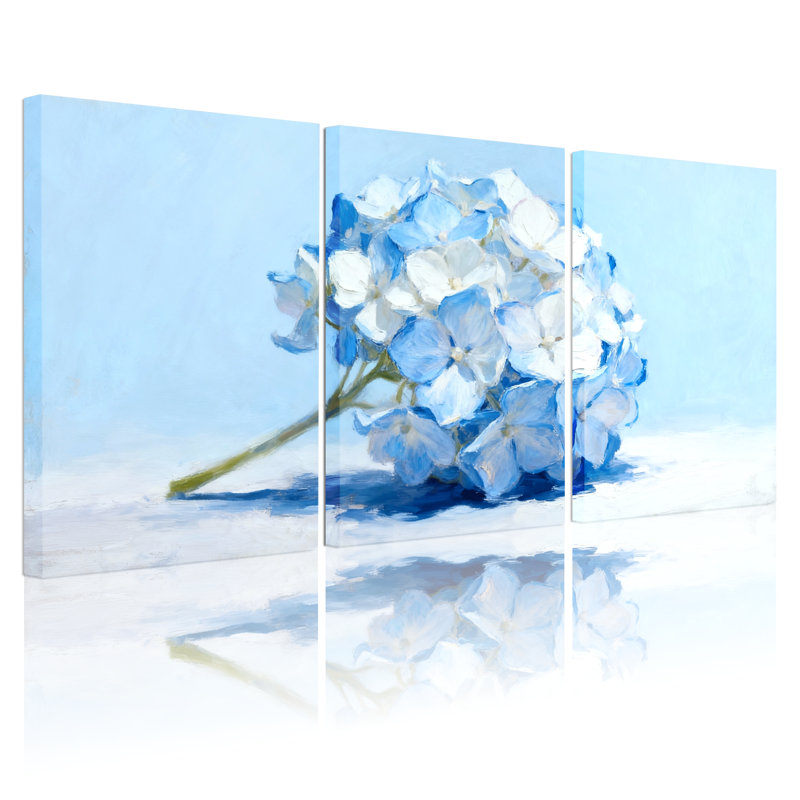 Hortensia bleu sur fond clair, ensemble de 3 impressions d'art sur toile, H 18 po x l 36 po