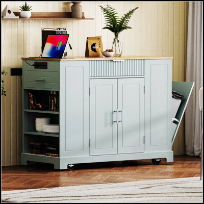 Fluted Kitchen Island with Trash Can Storage, Power Outlets, and Rolling Wheels for Enhanced Mobility and Organization