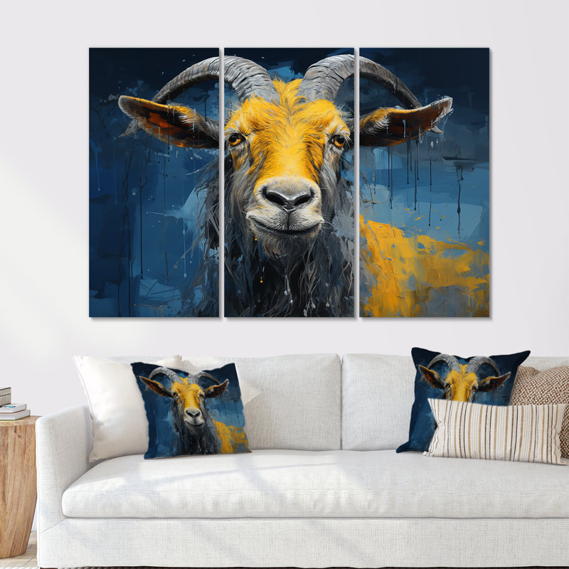 Chèvre jaune et bleu, prairie, portrait II - art mural de chèvre, H 40 po x l 60 po