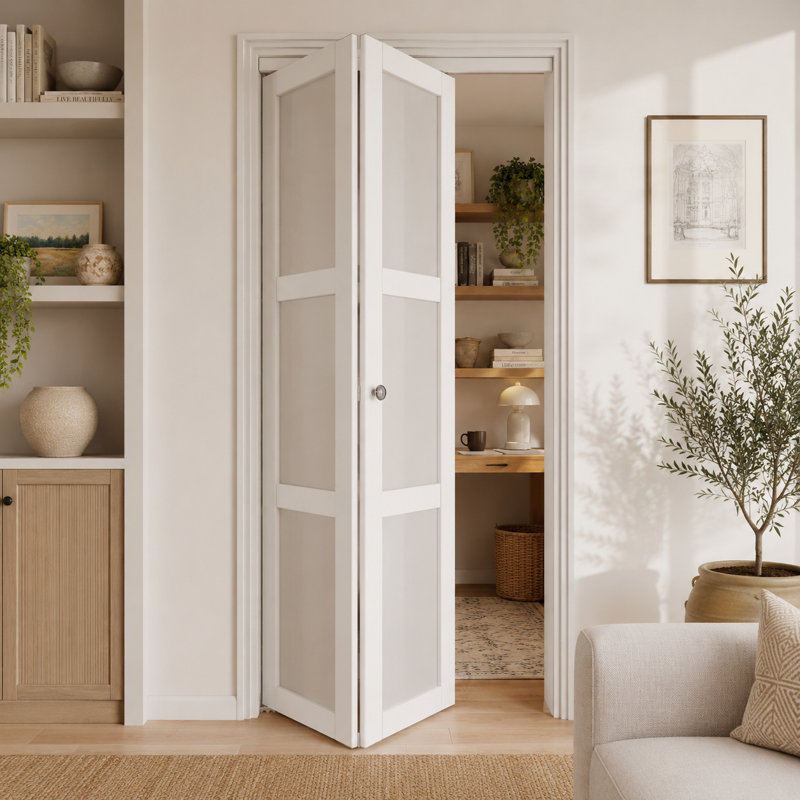 Porte pliante en verre givré 3-Lite 32 "x 80" blanc avec trousse de quincaillerie d'installation, 32" x 80", Frosted Glass